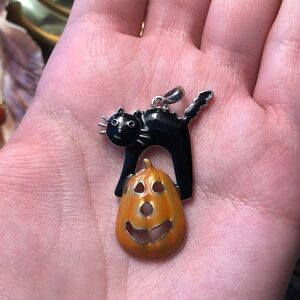 Vintage Halloween black cat and pumpkin pendant